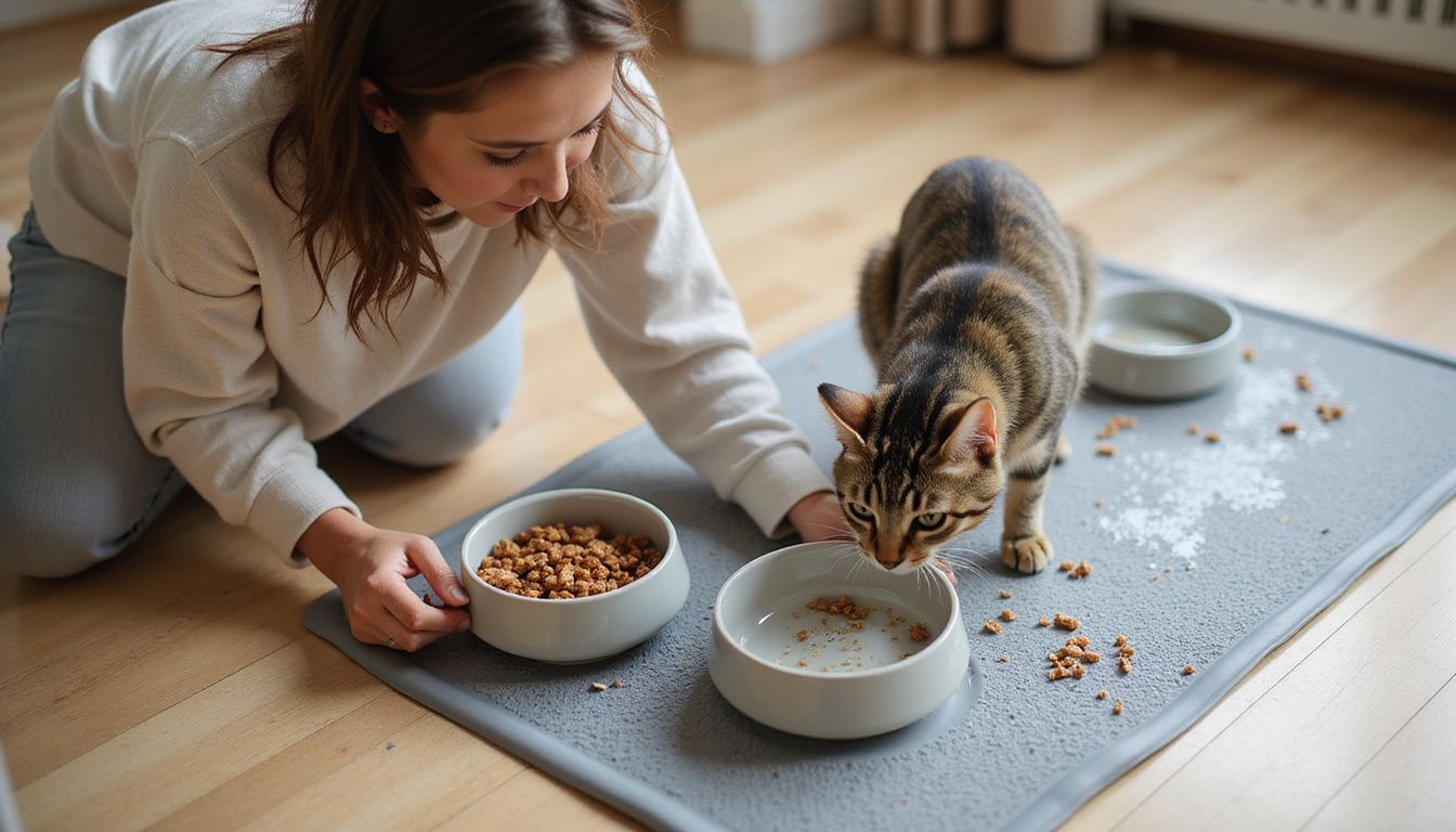 A woman kneels beside two ceramic pet bowls, tending to her tabby cat in a warm, lived-in home setting.