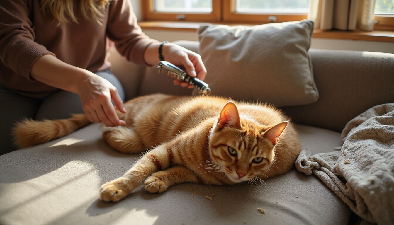 A woman gently brushes an orange tabby cat on a cozy sectional in a warm living room.