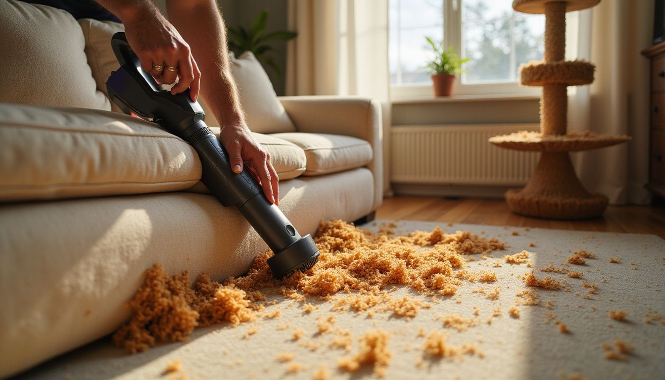 A middle-aged person cleans cat hair from a cream sofa with a handheld vacuum attachment in a cozy living room.