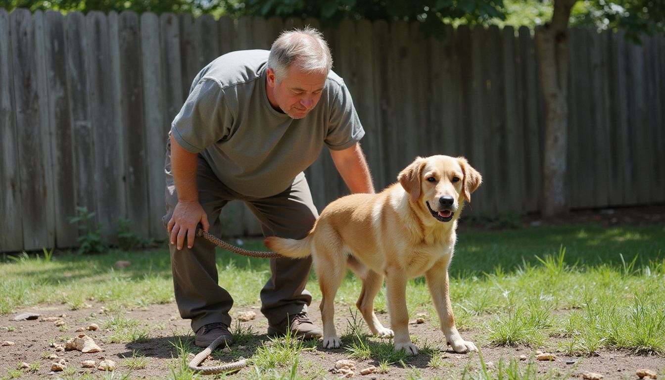 A tense man stands with an anxious golden retriever in a disheveled backyard, both displaying clear signs of stress. A tense man stands with an anxious golden retriever in a disheveled backyard, both displaying clear signs of stress.