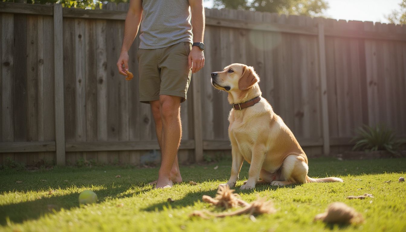 A relaxed man stands barefoot in a yard, holding a treat for an attentive golden retriever. A relaxed man stands barefoot in a yard, holding a treat for an attentive golden retriever.