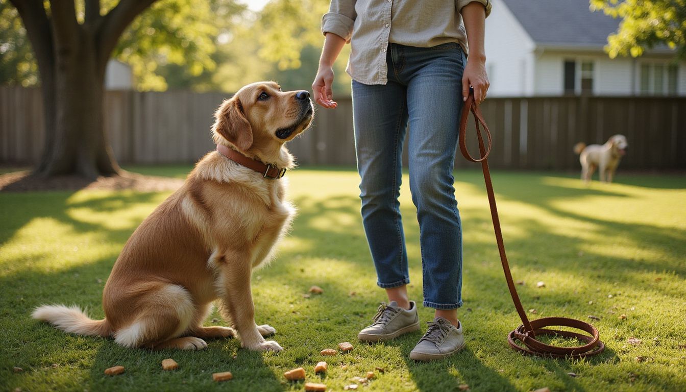 A golden retriever attentively watches a woman on a well-kept lawn, surrounded by scattered training treats. A golden retriever attentively watches a woman on a well-kept lawn, surrounded by scattered training treats.