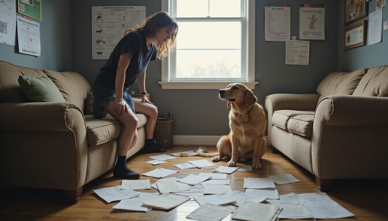 A frustrated dog trainer stands in a cluttered living room, struggling with communication while a confused golden retriever observes. A frustrated dog trainer stands in a cluttered living room, struggling with communication while a confused golden retriever observes.