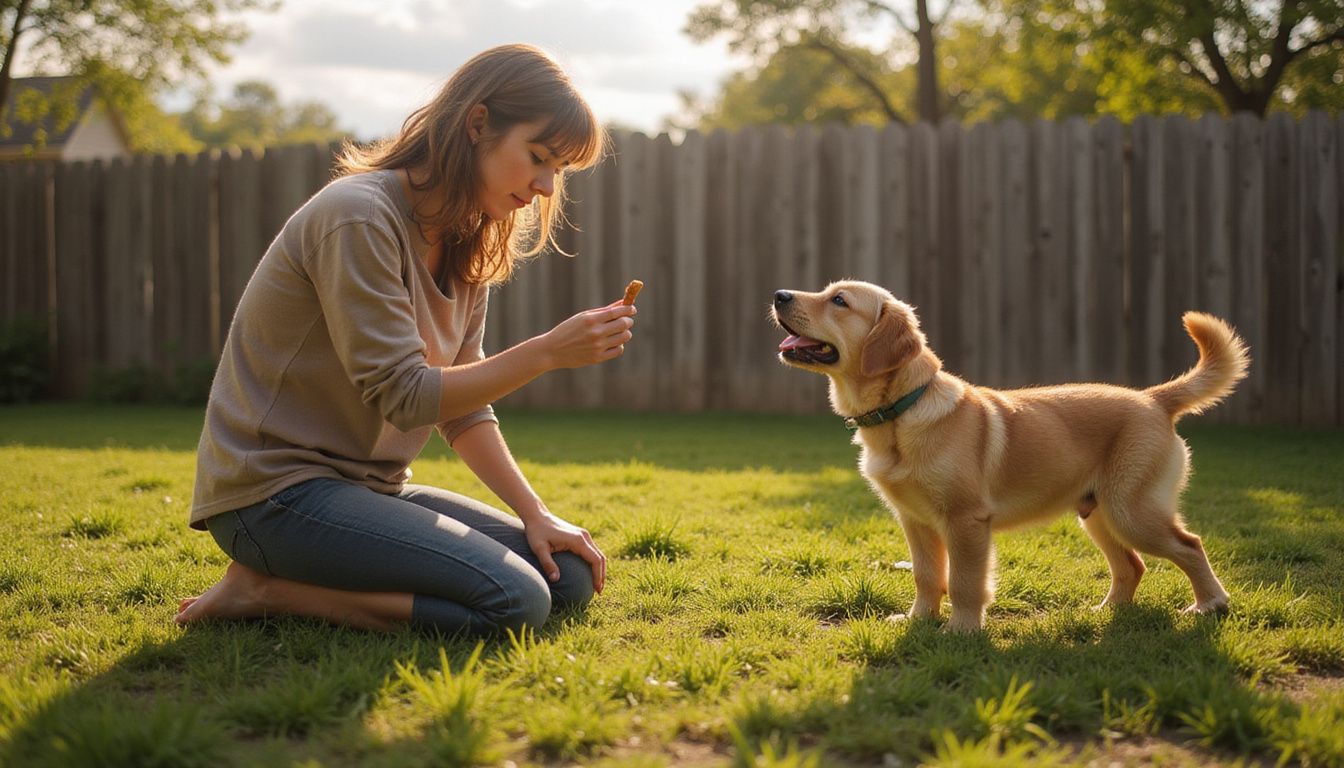 A woman kneels on grass, calmly offering a dog treat to a curious golden retriever puppy. A woman kneels on grass, calmly offering a dog treat to a curious golden retriever puppy.