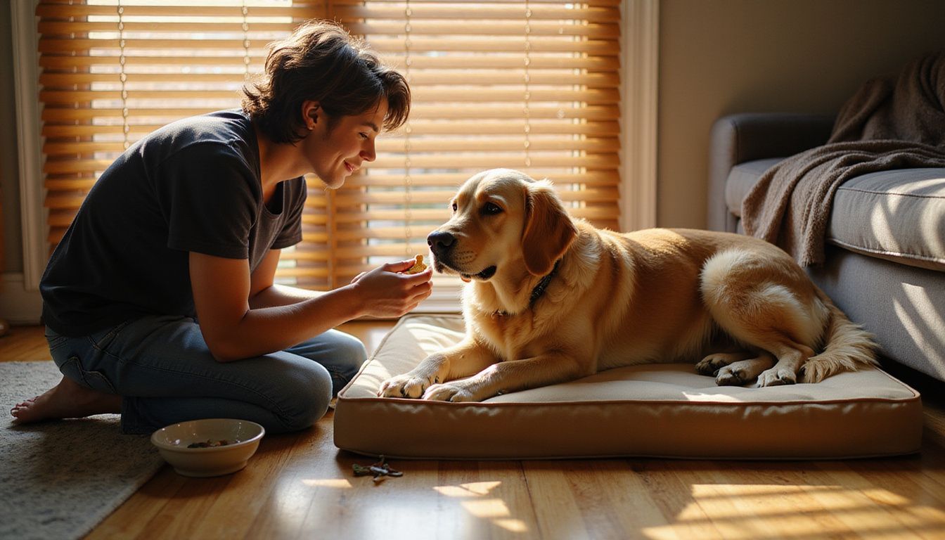 A young adult kneels beside their attentive golden retriever, holding a treat in a cozy living room. A young adult kneels beside their attentive golden retriever, holding a treat in a cozy living room.