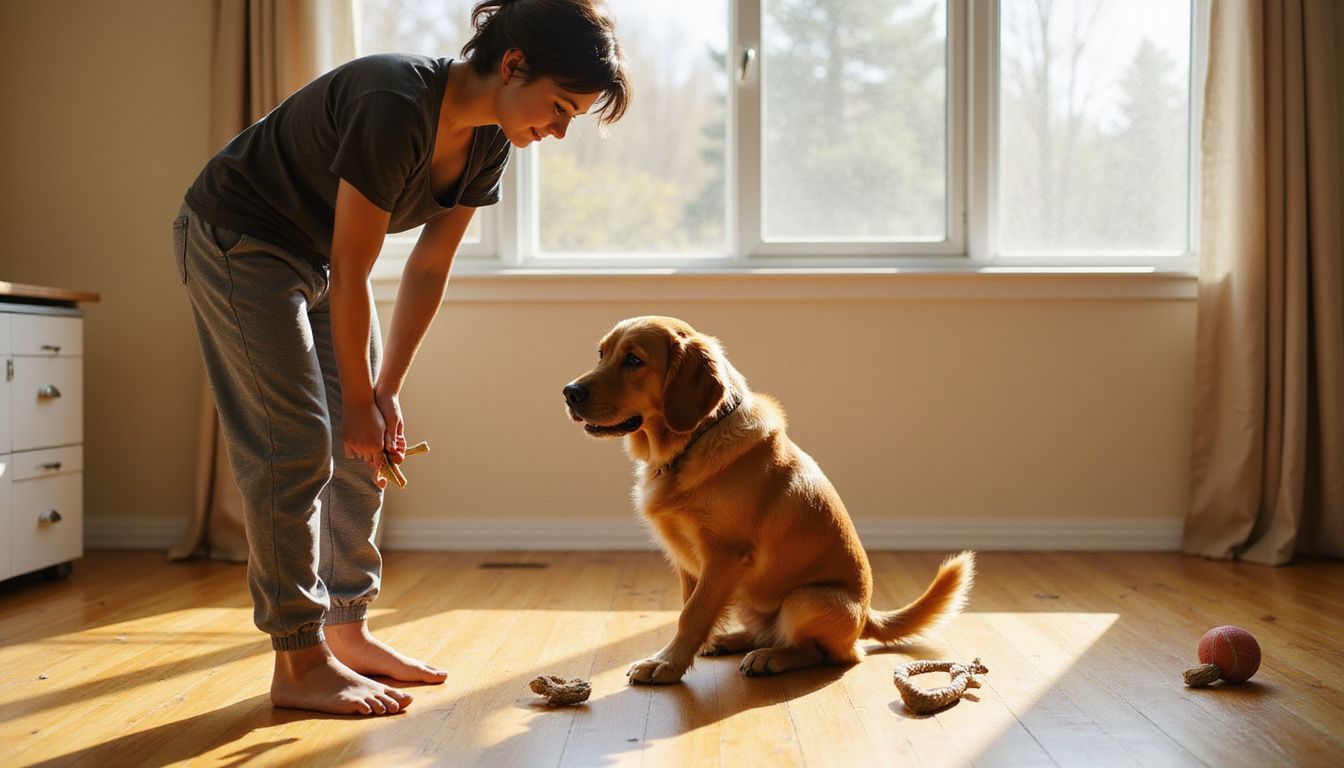 A young adult trains a Golden Retriever with a treat in a cozy living room filled with pet toys. A young adult trains a Golden Retriever with a treat in a cozy living room filled with pet toys.
