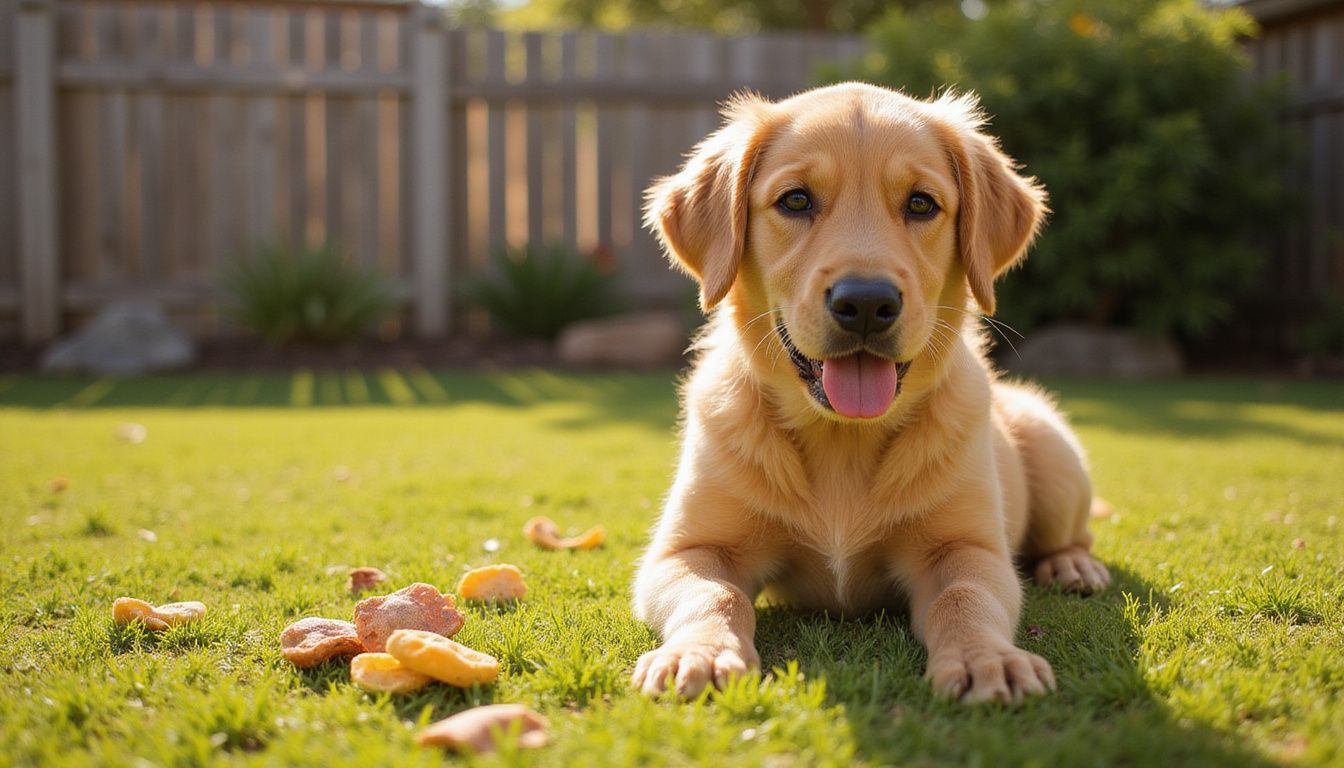 A golden retriever puppy sits alert on grass, surrounded by treats and toys in a residential backyard. A golden retriever puppy sits alert on grass, surrounded by treats and toys in a residential backyard.