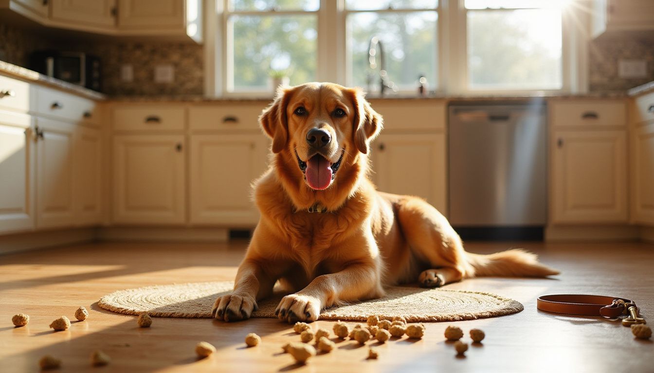 A golden retriever attentively sits on hardwood floor, surrounded by a jute mat and scattered dog kibble. A golden retriever attentively sits on hardwood floor, surrounded by a jute mat and scattered dog kibble.