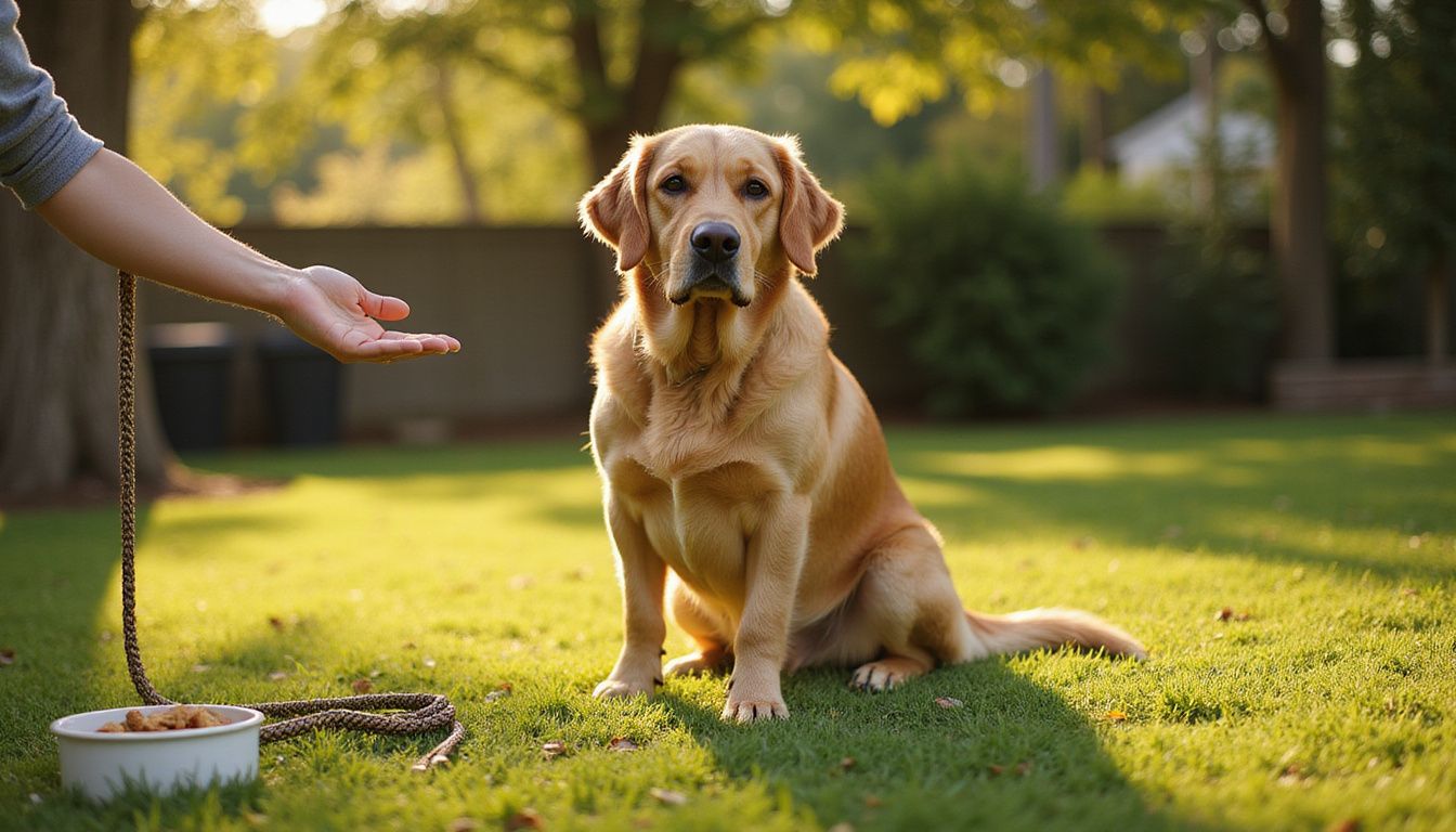 A golden retriever focuses intently on a handler's 'stop' signal in a suburban backyard. A golden retriever focuses intently on a handler's 'stop' signal in a suburban backyard.