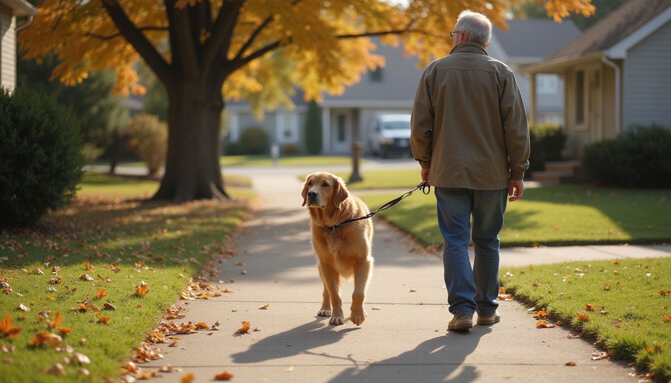 A middle-aged man walks with a calm Golden Retriever along a suburban sidewalk scattered with autumn leaves. A middle-aged man walks with a calm Golden Retriever along a suburban sidewalk scattered with autumn leaves.
