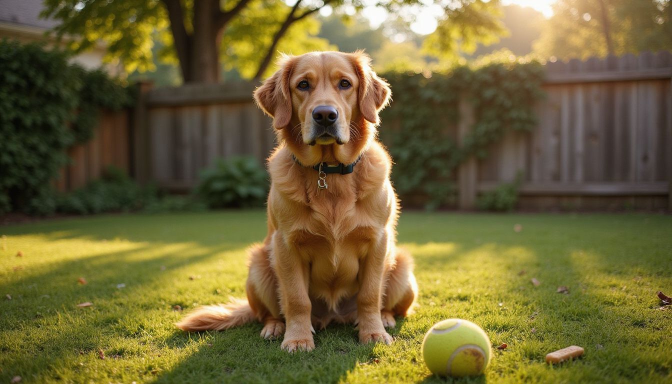 A Golden Retriever sits attentively on grass with a tennis ball and dog treat nearby in a suburban backyard. A Golden Retriever sits attentively on grass with a tennis ball and dog treat nearby in a suburban backyard.