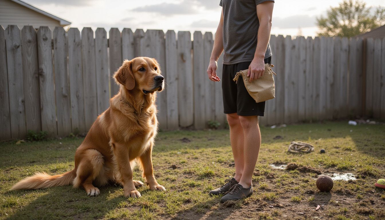 A bewildered golden retriever sits in a messy backyard while its tense handler appears frustrated nearby. A bewildered golden retriever sits in a messy backyard while its tense handler appears frustrated nearby.