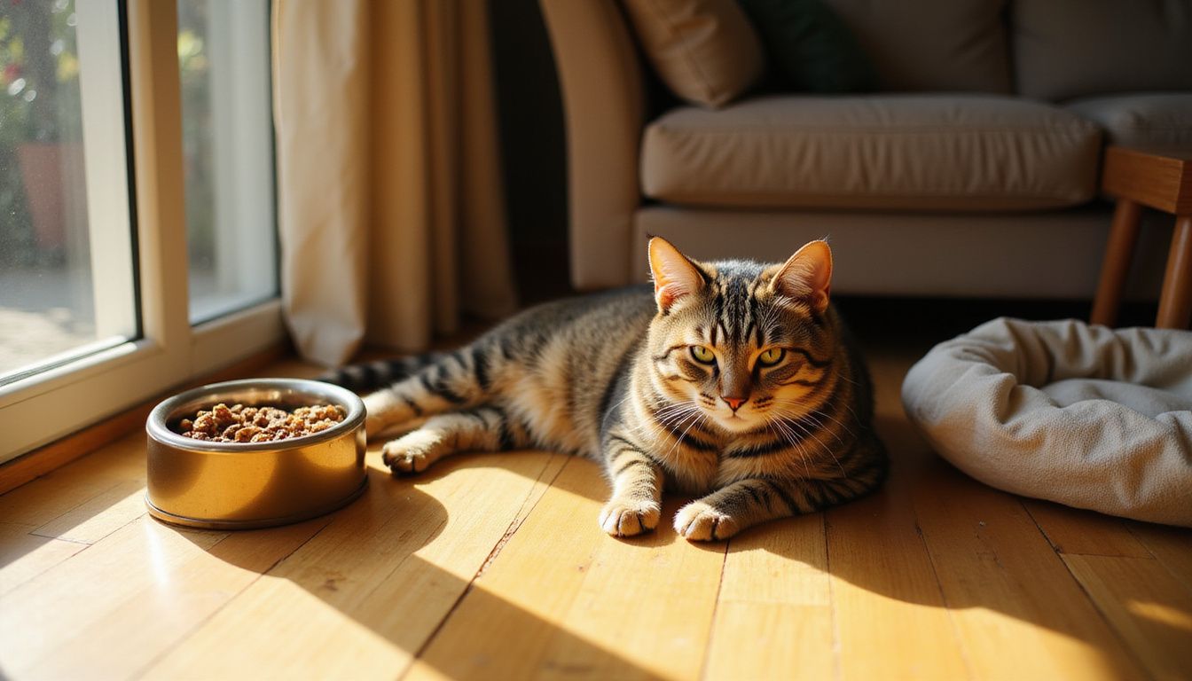 A lethargic tabby cat lies motionless on the floor, showing signs of illness and neglect.