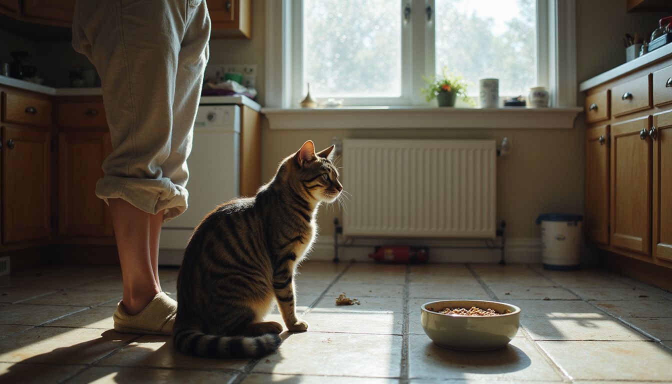 A concerned middle-aged woman observes her disinterested tabby cat beside its food bowl in a modest kitchen.