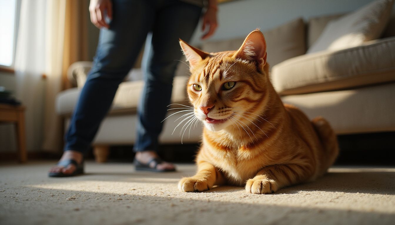 A distressed orange tabby cat shows labored breathing and moist eyes, while a concerned woman watches nearby.