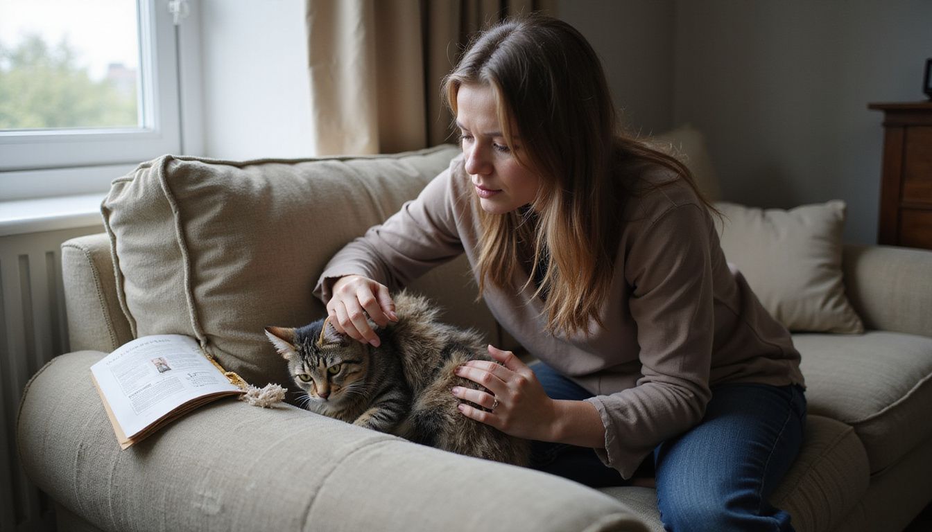 A concerned woman examines her cat's matted fur on a worn couch while holding a veterinary care pamphlet.