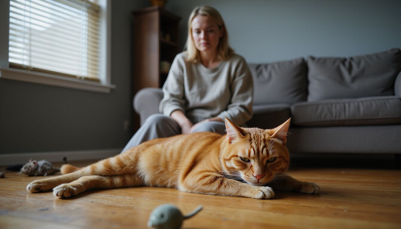 A worried woman observes her relaxed orange tabby cat lying motionless on the floor, surrounded by neglected toys.