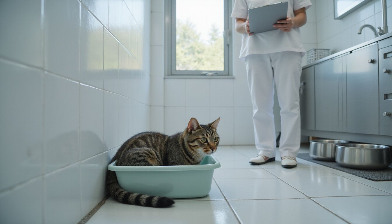 A concerned veterinarian observes a trembling tabby cat in a ceramic litter box within a clinical veterinary setting.
