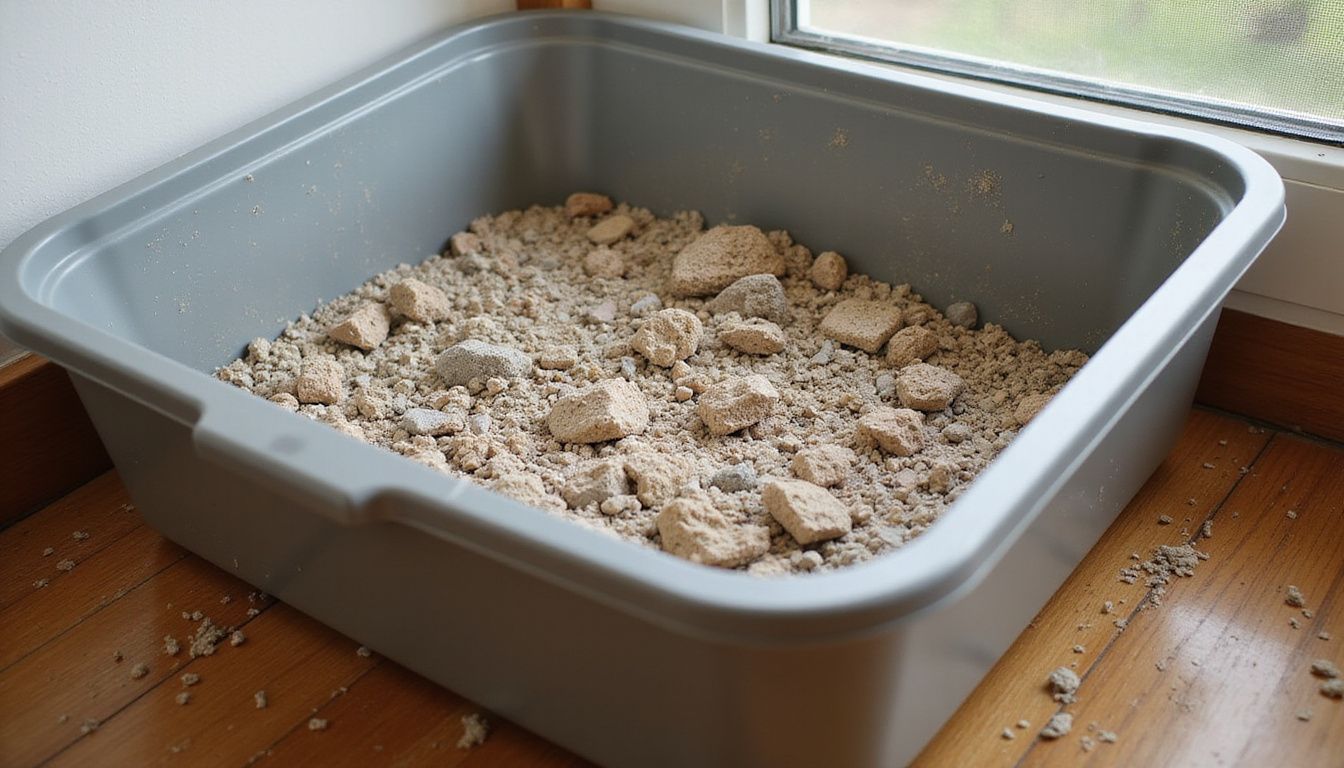 The image shows a close-up of a used litter box, highlighting clumping litter and surrounding scattered granules.