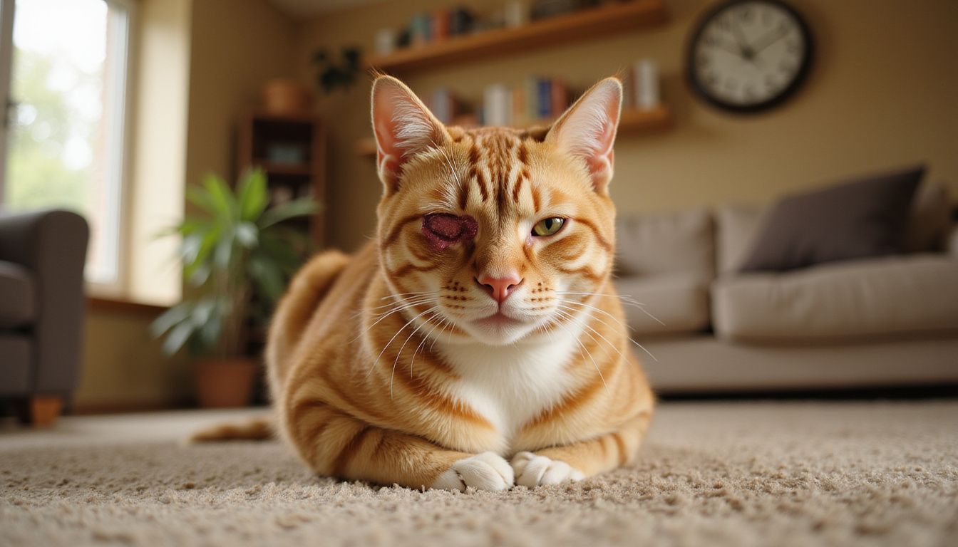 An orange tabby cat with ear swelling and matted fur displays signs of distress while sitting on a beige carpet.
