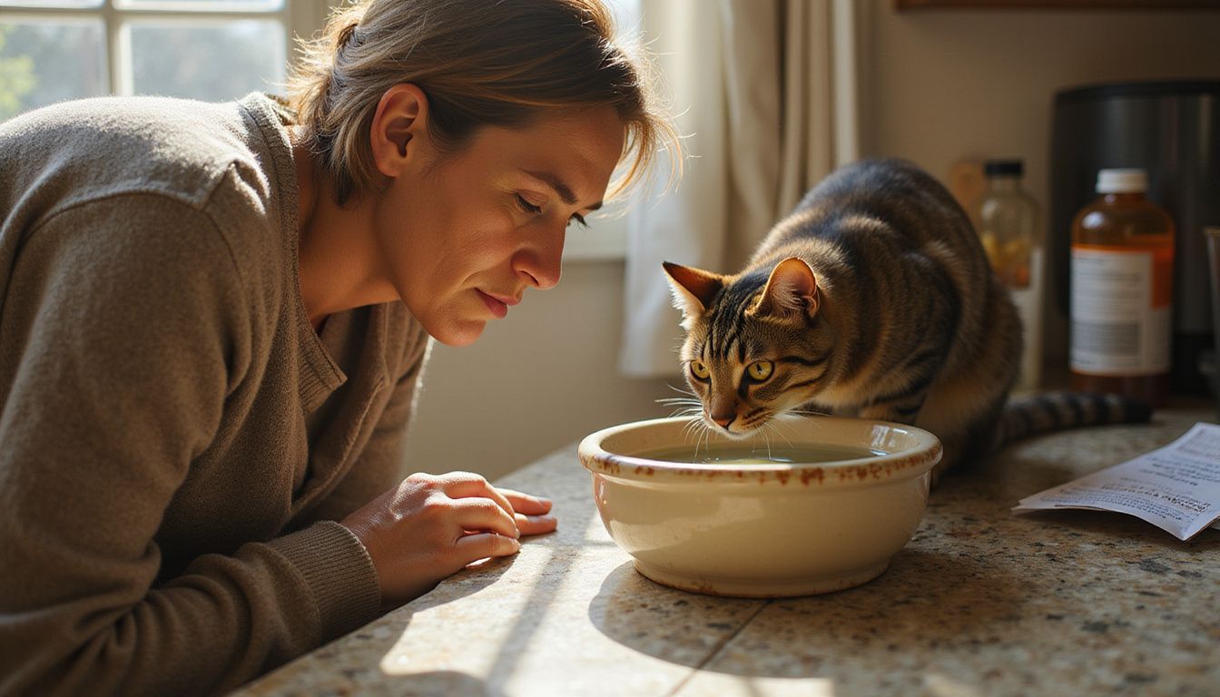 A concerned woman watches her disinterested tabby cat beside a water bowl in her sunlit kitchen.