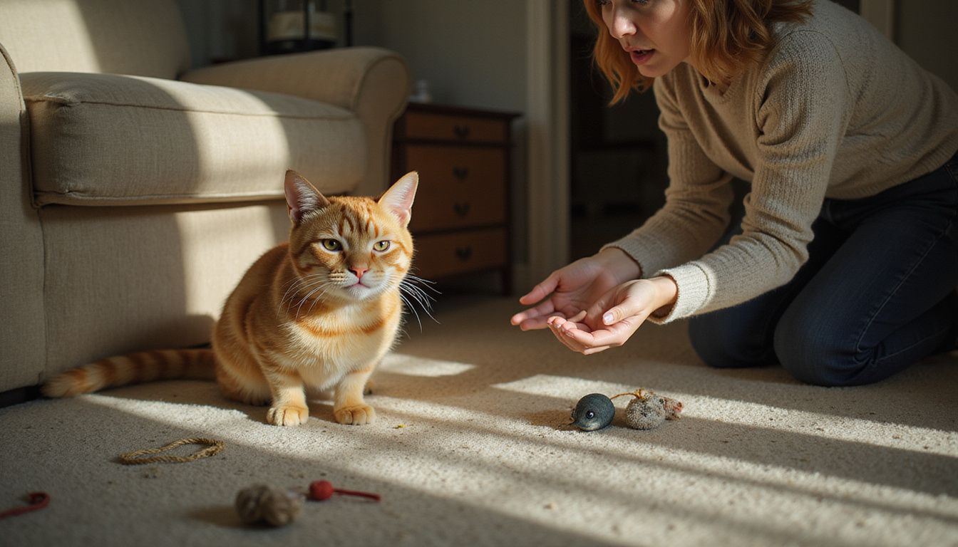 A distressed orange tabby cat faces a concerned woman, highlighting their emotional connection in a worn living room.