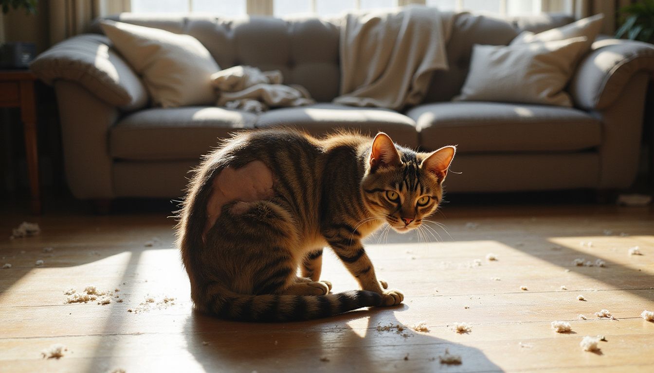 A distressed tabby cat with matted fur and a skeletal frame sits quietly on worn hardwood flooring.