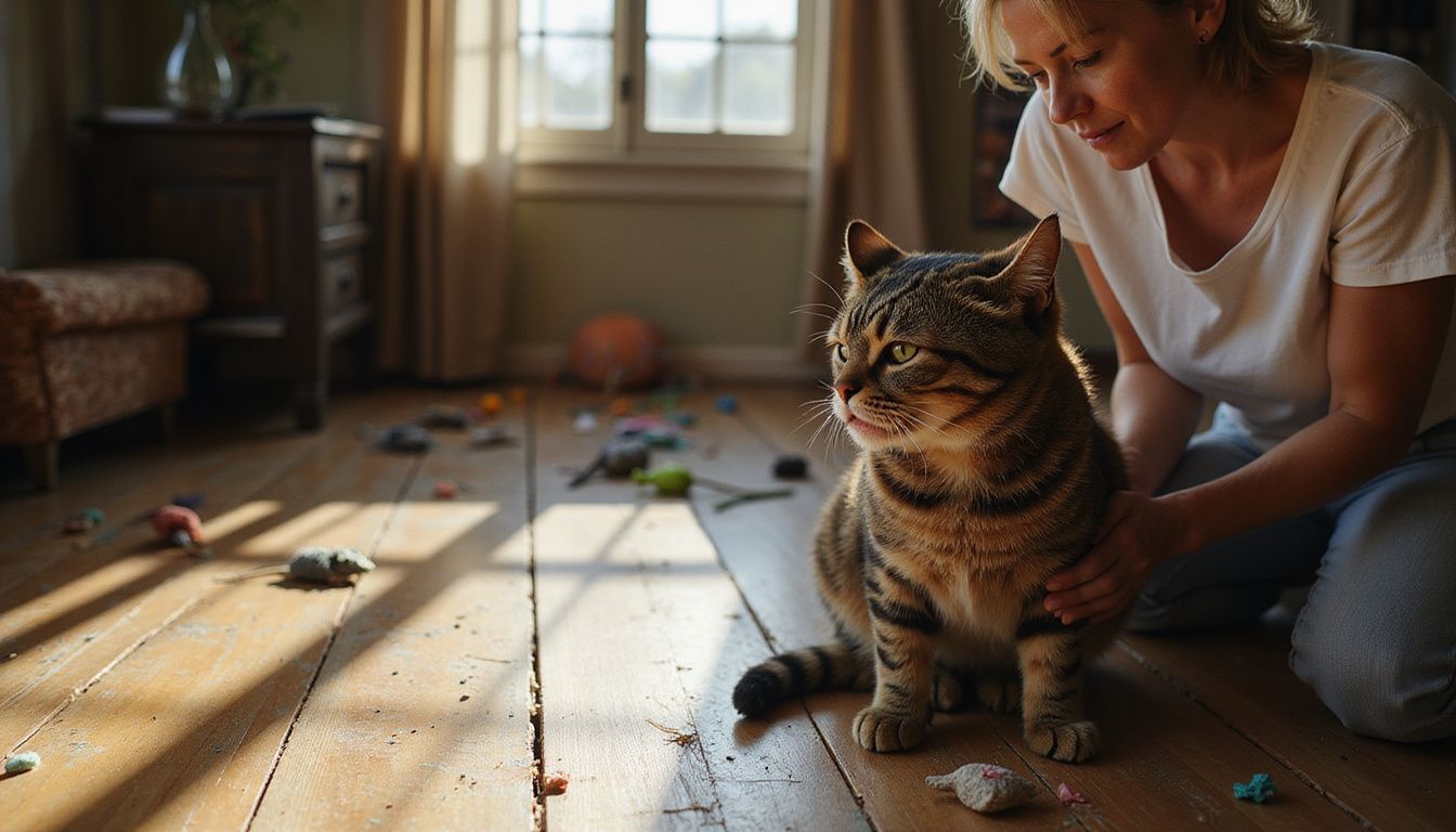 A distressed tabby cat displays signs of illness, while a concerned woman kneels nearby, hesitant to intervene.