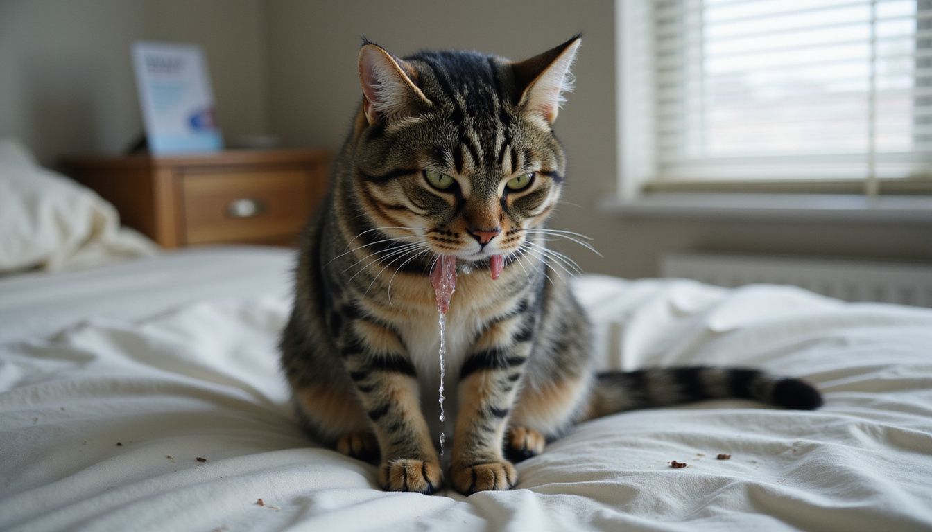 A tense tabby cat sits on damp bedding, showing signs of distress and discomfort, with saliva dripping from its mouth.