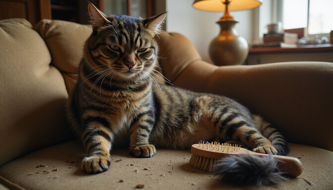 An elderly tabby cat with matted fur sits on a couch, while its concerned caregiver prepares to groom it.