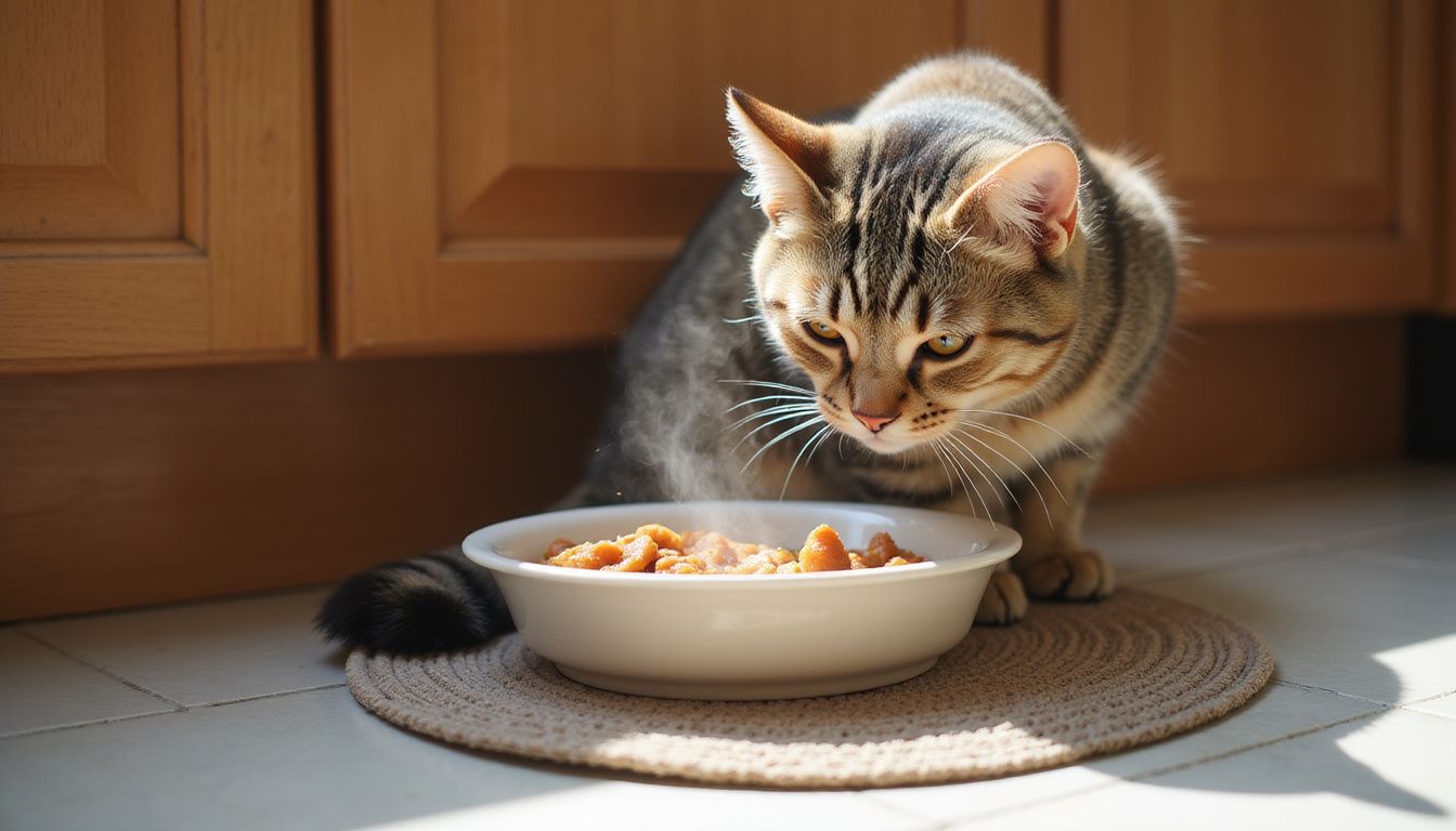 A tabby cat hesitantly approaches a shallow ceramic food bowl filled with wet cat food in a cozy kitchen.