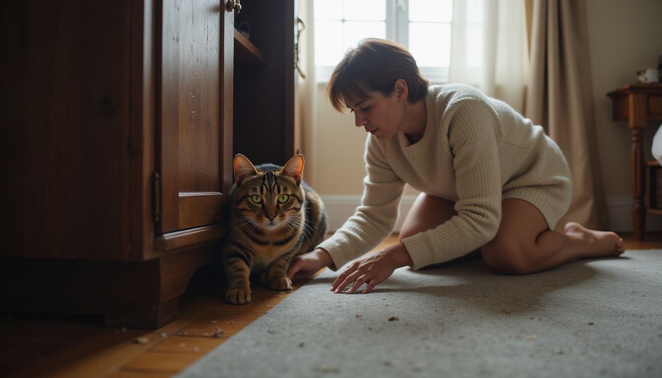 A concerned woman gently reaches out to her cautious tabby cat wedged between a wardrobe and wall.