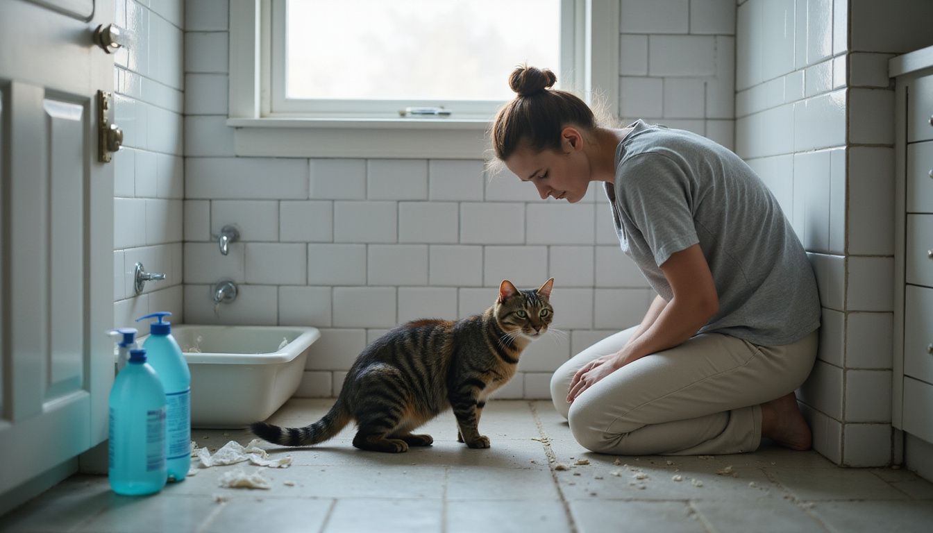 A worried woman kneels beside her tense tabby cat near a litter box in a cluttered bathroom.
