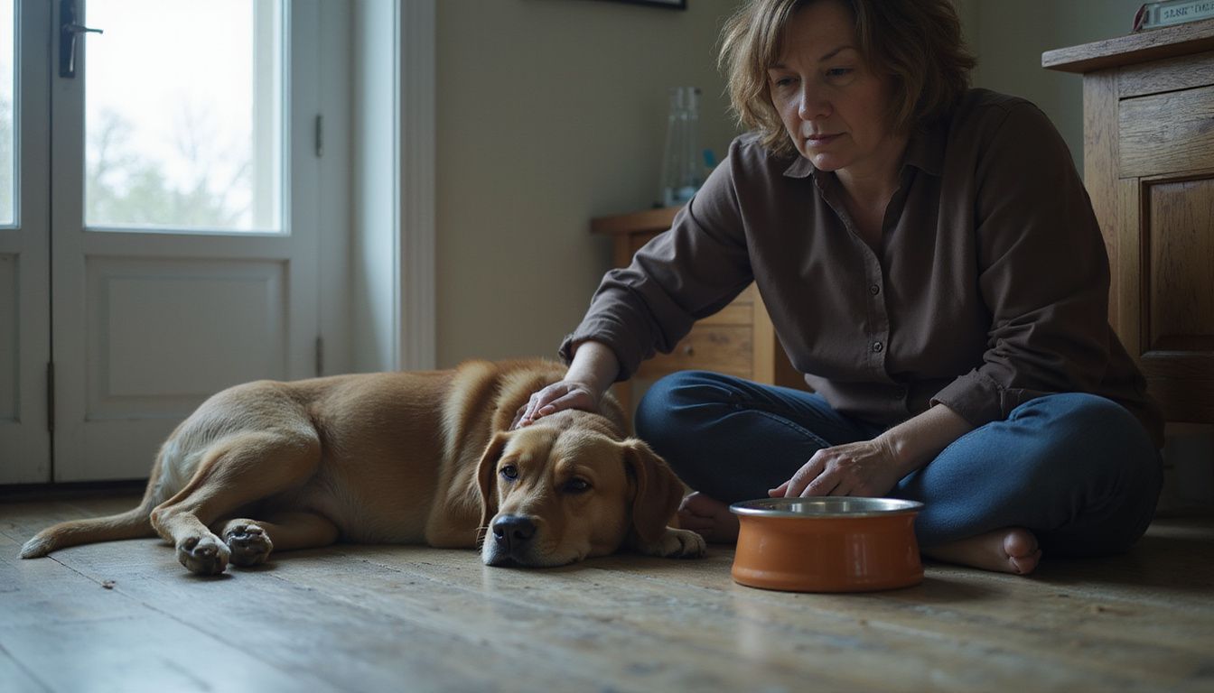 A concerned woman sits beside her sick dog on a hardwood floor, highlighting a moment of attentive care and worry. A concerned woman sits beside her sick dog on a hardwood floor, highlighting a moment of attentive care and worry.