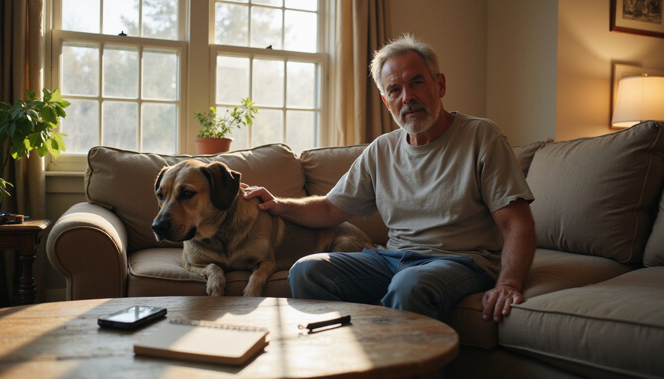 A middle-aged man sits on a couch, gently resting his hand on his tired dog, expressing concern and warmth. A middle-aged man sits on a couch, gently resting his hand on his tired dog, expressing concern and warmth.