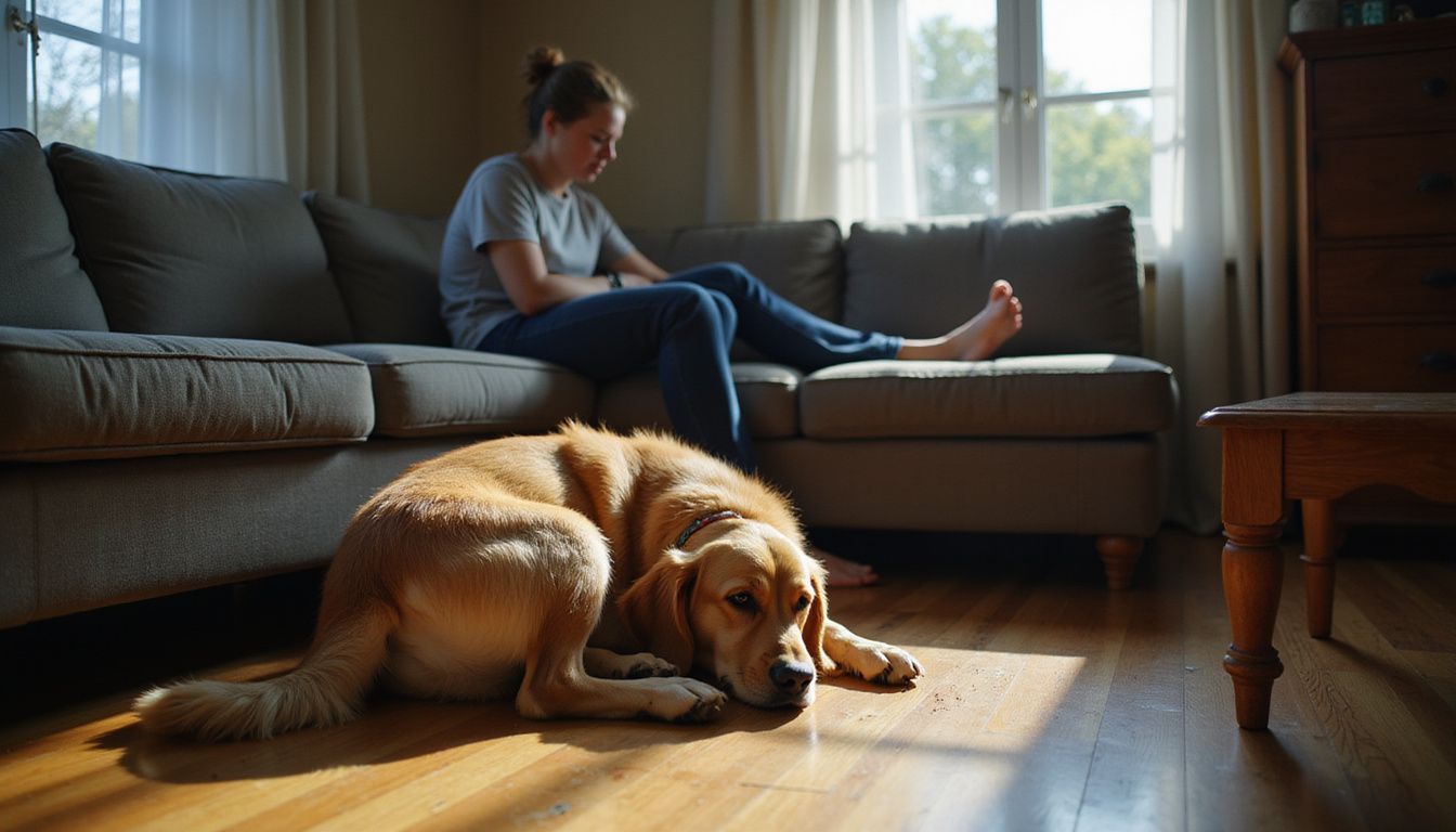 A concerned person observes their curled, tense golden retriever resting in a cozy, lived-in living room. A concerned person observes their curled, tense golden retriever resting in a cozy, lived-in living room.