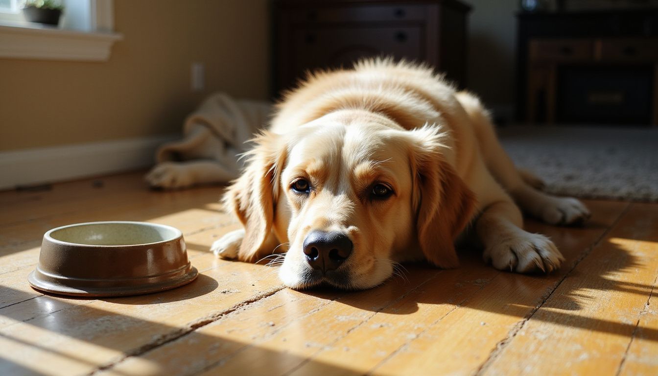 A distressed golden retriever lies on a worn floor, struggling to breathe and showing signs of illness. A distressed golden retriever lies on a worn floor, struggling to breathe and showing signs of illness.