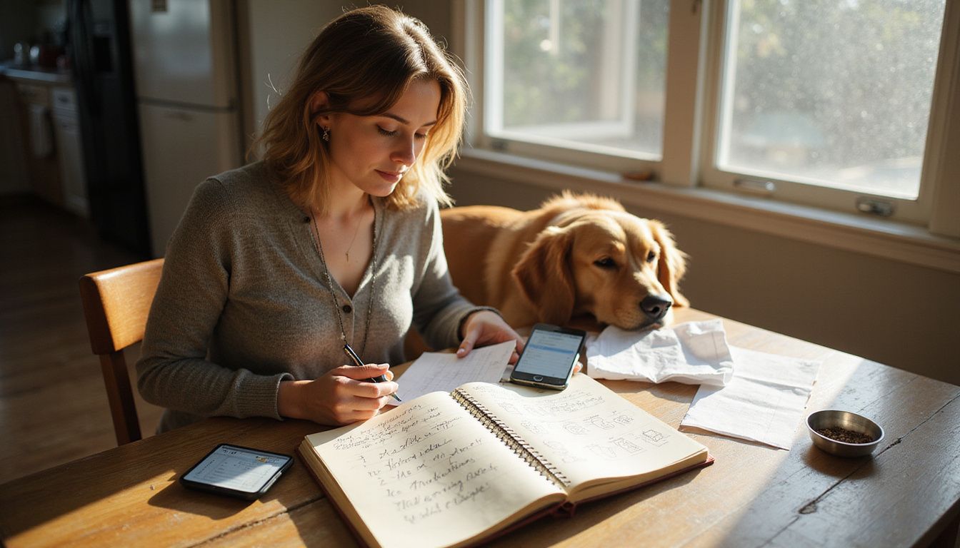 A middle-aged woman attentively cares for her golden retriever, documenting notes on feeding and health in a cozy kitchen. A middle-aged woman attentively cares for her golden retriever, documenting notes on feeding and health in a cozy kitchen.