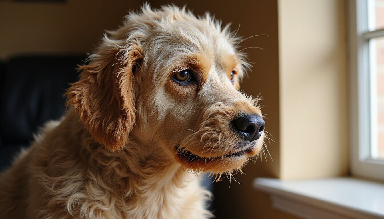 A close-up of a dog with severely matted fur and inflamed, raw skin shows signs of neglect and dermatological issues. A close-up of a dog with severely matted fur and inflamed, raw skin shows signs of neglect and dermatological issues.