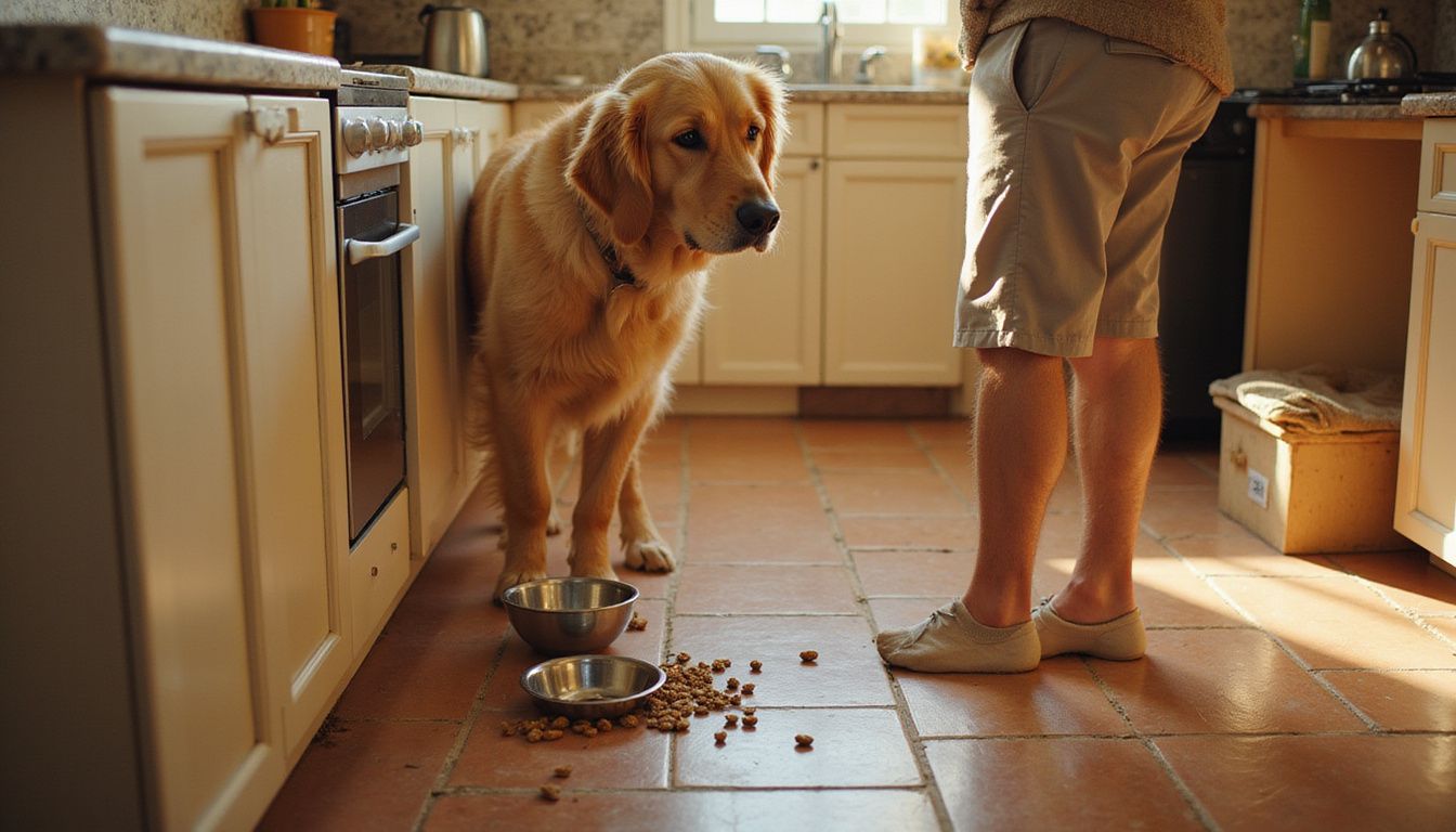 A middle-aged man attentively watches his golden retriever feed from a bowl in a cozy kitchen. A middle-aged man attentively watches his golden retriever feed from a bowl in a cozy kitchen.