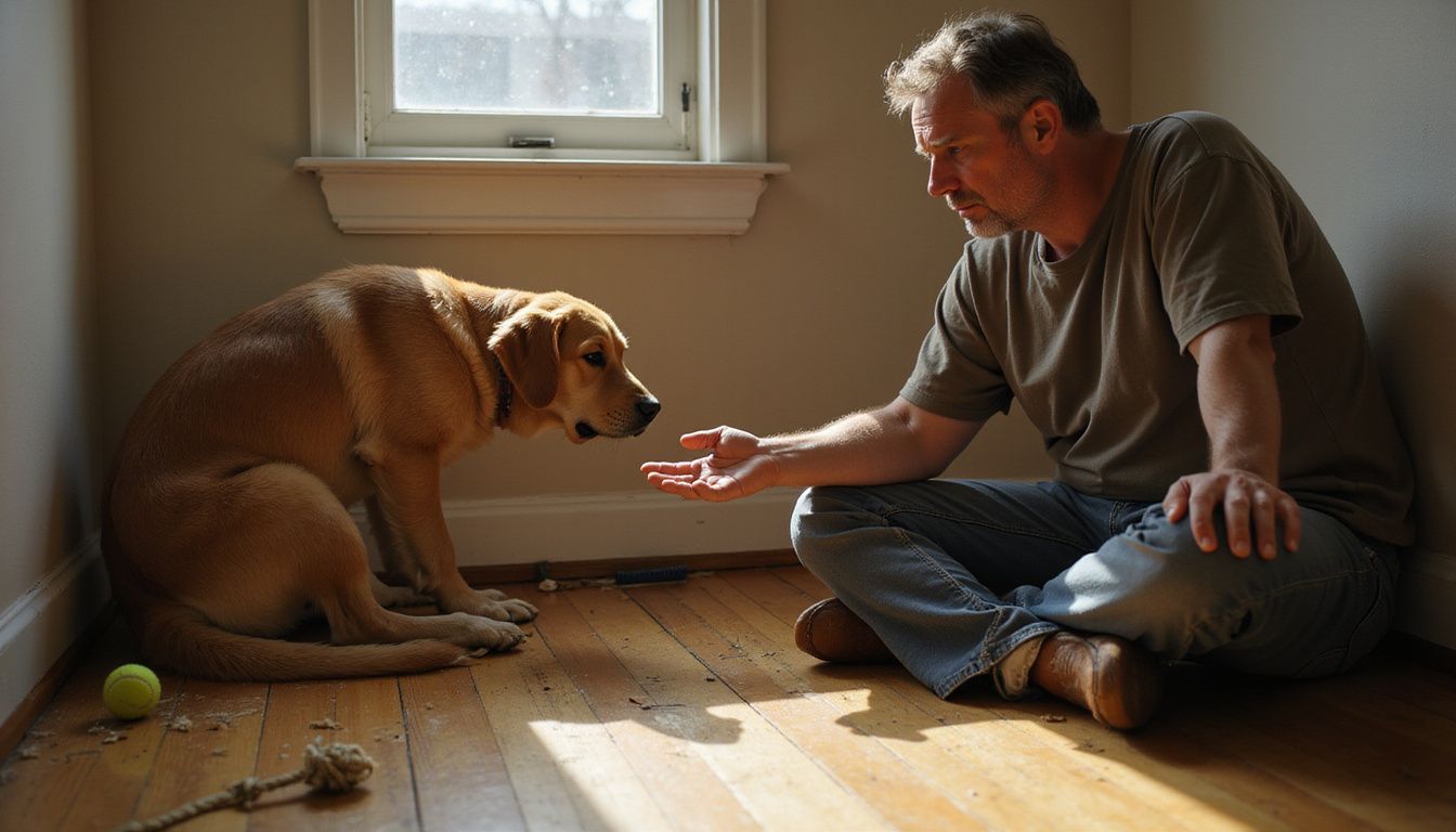 A worried man reaches out to his lethargic golden retriever, conveying deep concern for the dog's well-being. A worried man reaches out to his lethargic golden retriever, conveying deep concern for the dog's well-being.