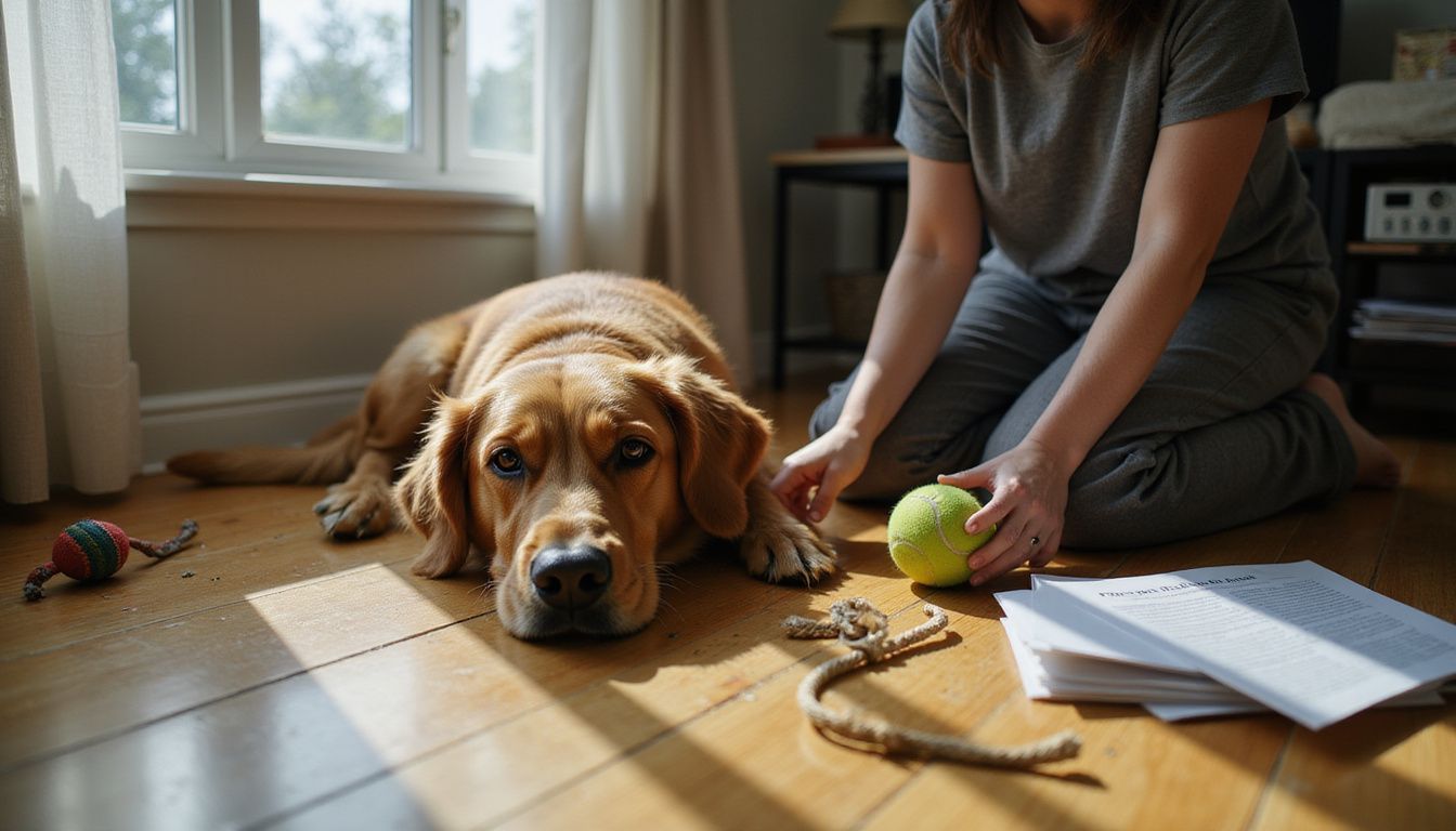 A worried woman kneels beside her golden retriever, sensing something is seriously wrong as it lies motionless on the floor. A worried woman kneels beside her golden retriever, sensing something is seriously wrong as it lies motionless on the floor.