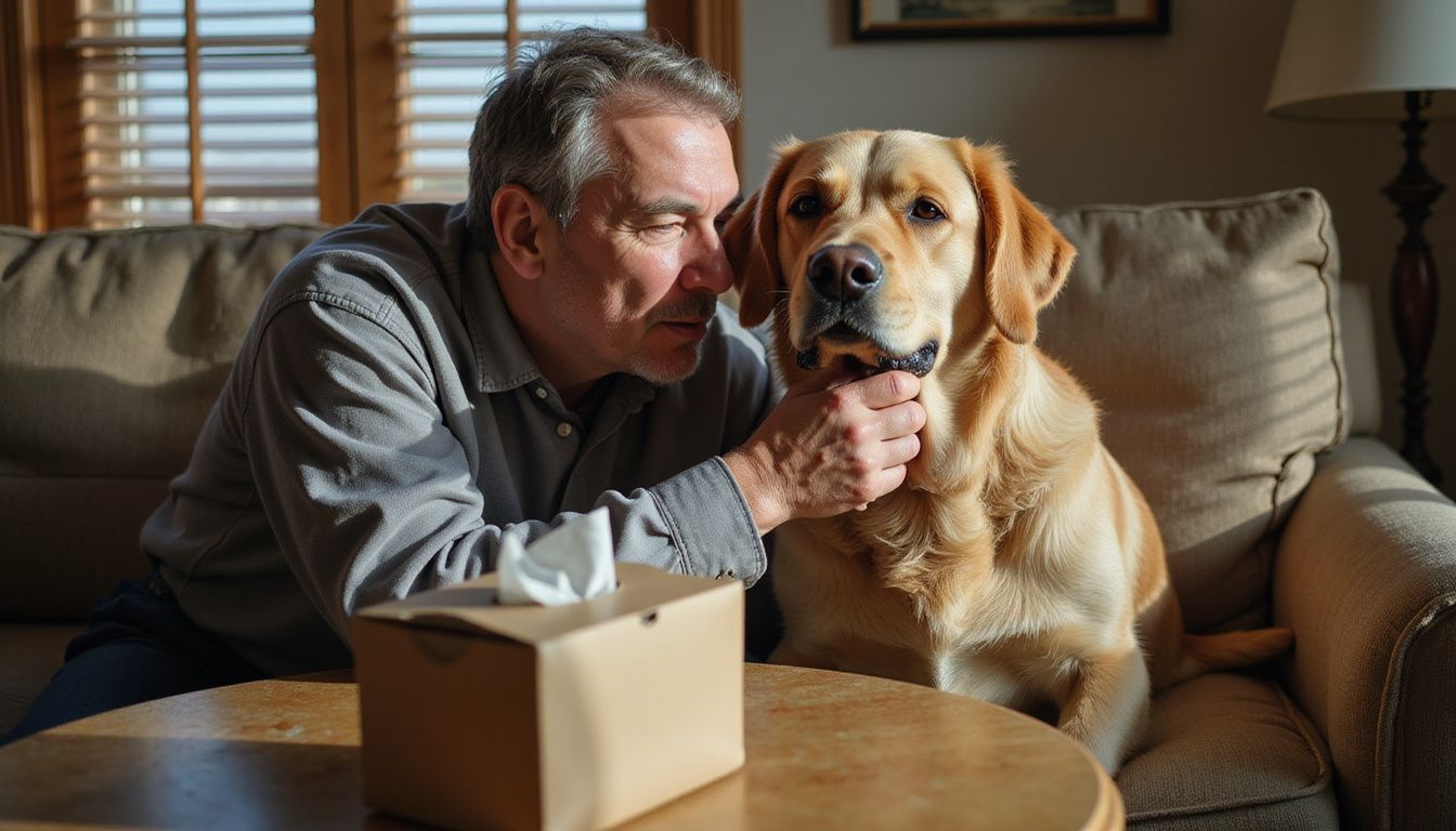 A concerned middle-aged person gently examines their golden retriever's eye for signs of discomfort and health issues. A concerned middle-aged person gently examines their golden retriever's eye for signs of discomfort and health issues.