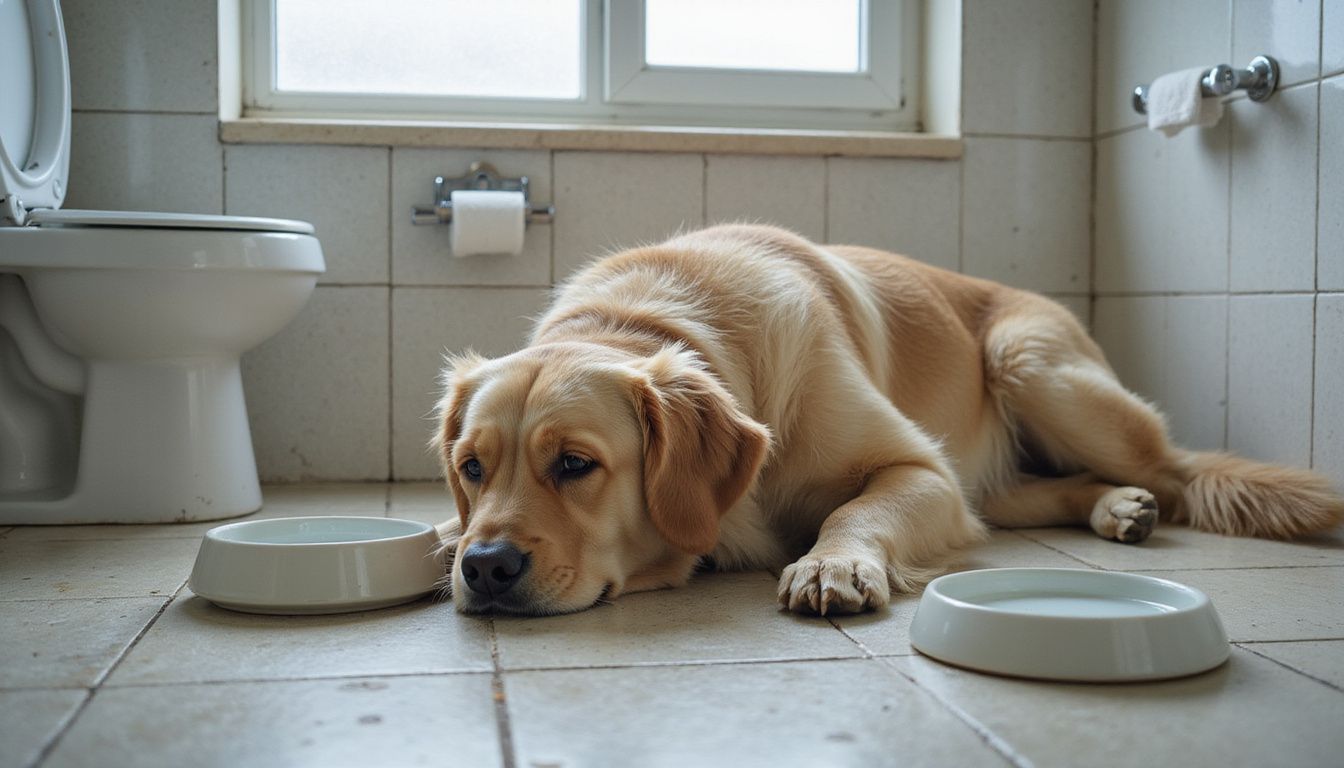 A golden retriever lies exhausted on bathroom tiles, showing signs of illness with matted fur and shallow breathing. A golden retriever lies exhausted on bathroom tiles, showing signs of illness with matted fur and shallow breathing.