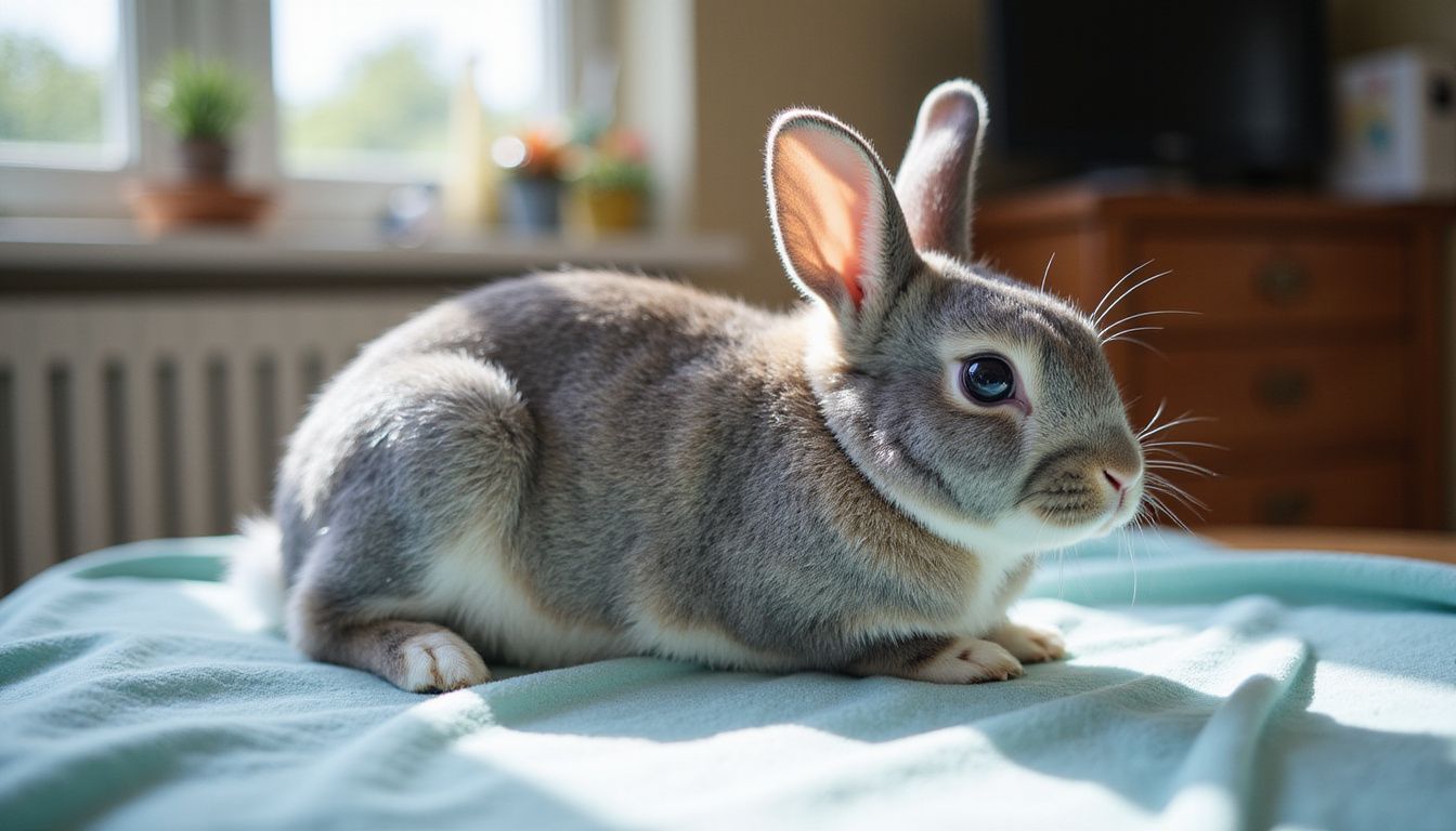 A plump gray and white rabbit rests comfortably on a soft blanket, showcasing its relaxed posture during a home examination. A plump gray and white rabbit rests comfortably on a soft blanket, showcasing its relaxed posture during a home examination.