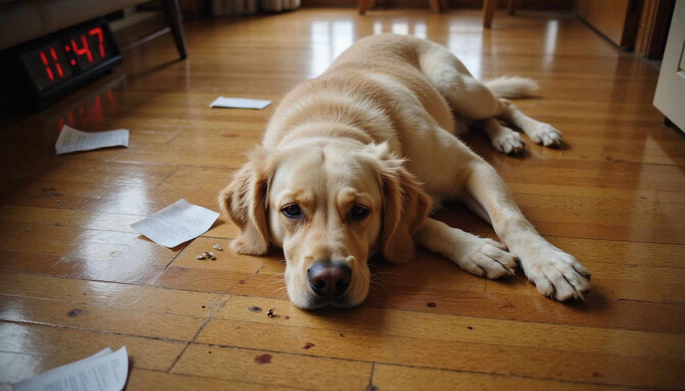 A distressed golden retriever lies motionless on hardwood flooring, surrounded by scattered papers and faint dark spots. A distressed golden retriever lies motionless on hardwood flooring, surrounded by scattered papers and faint dark spots.