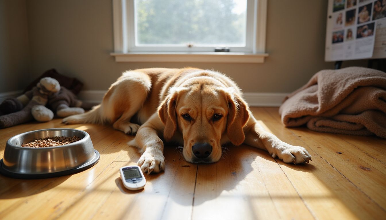 A lethargic Golden Retriever shows signs of distress, surrounded by untouched food and water, indicating a need for medical attention. A lethargic Golden Retriever shows signs of distress, surrounded by untouched food and water, indicating a need for medical attention.