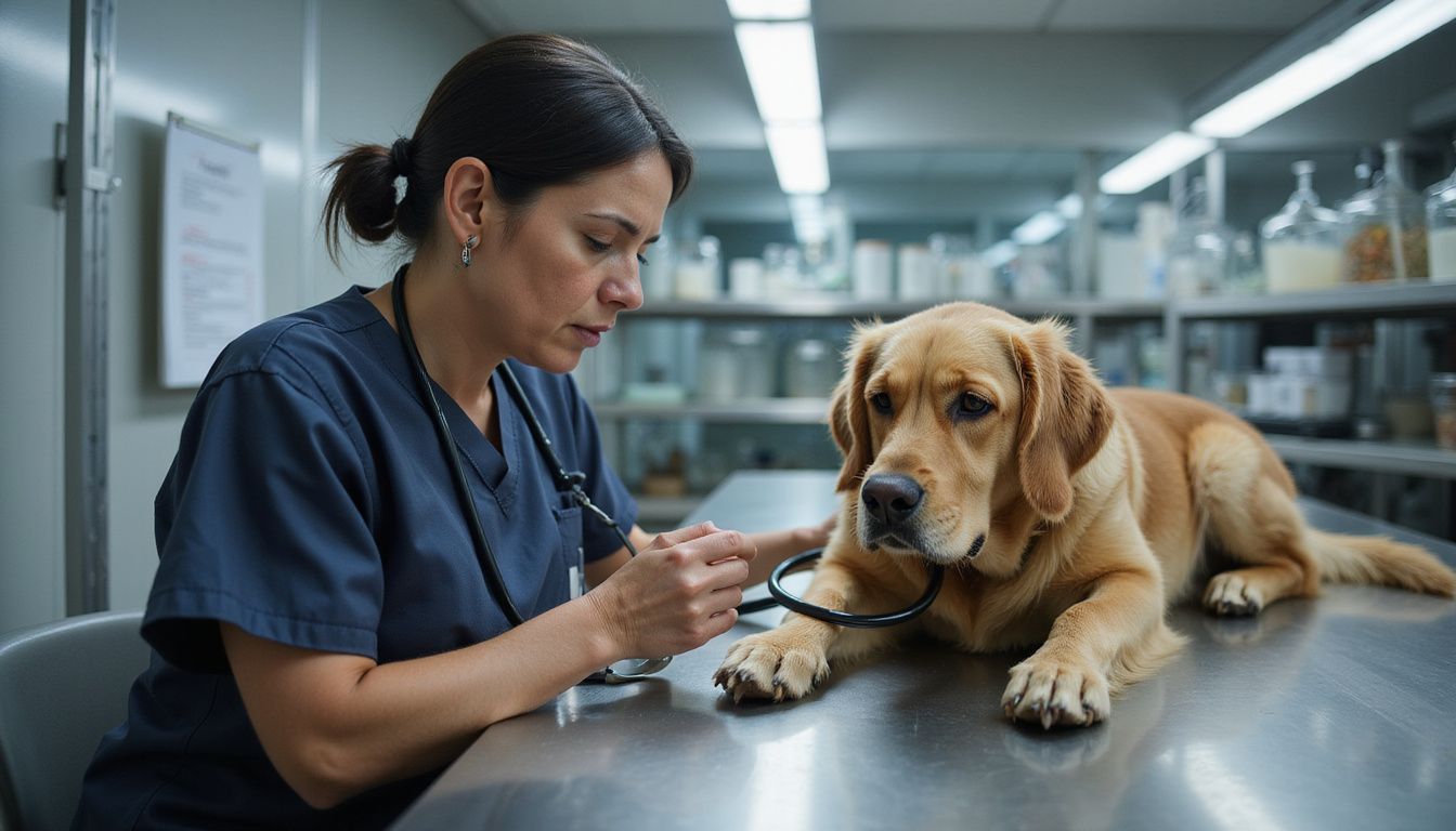 A concerned veterinarian examines a sick golden retriever on a stainless steel table in a clinical setting. A concerned veterinarian examines a sick golden retriever on a stainless steel table in a clinical setting.