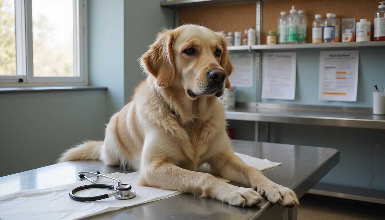 A senior golden retriever sits calmly on a veterinary examination table, showcasing its silvering coat and relaxed demeanor. A senior golden retriever sits calmly on a veterinary examination table, showcasing its silvering coat and relaxed demeanor.
