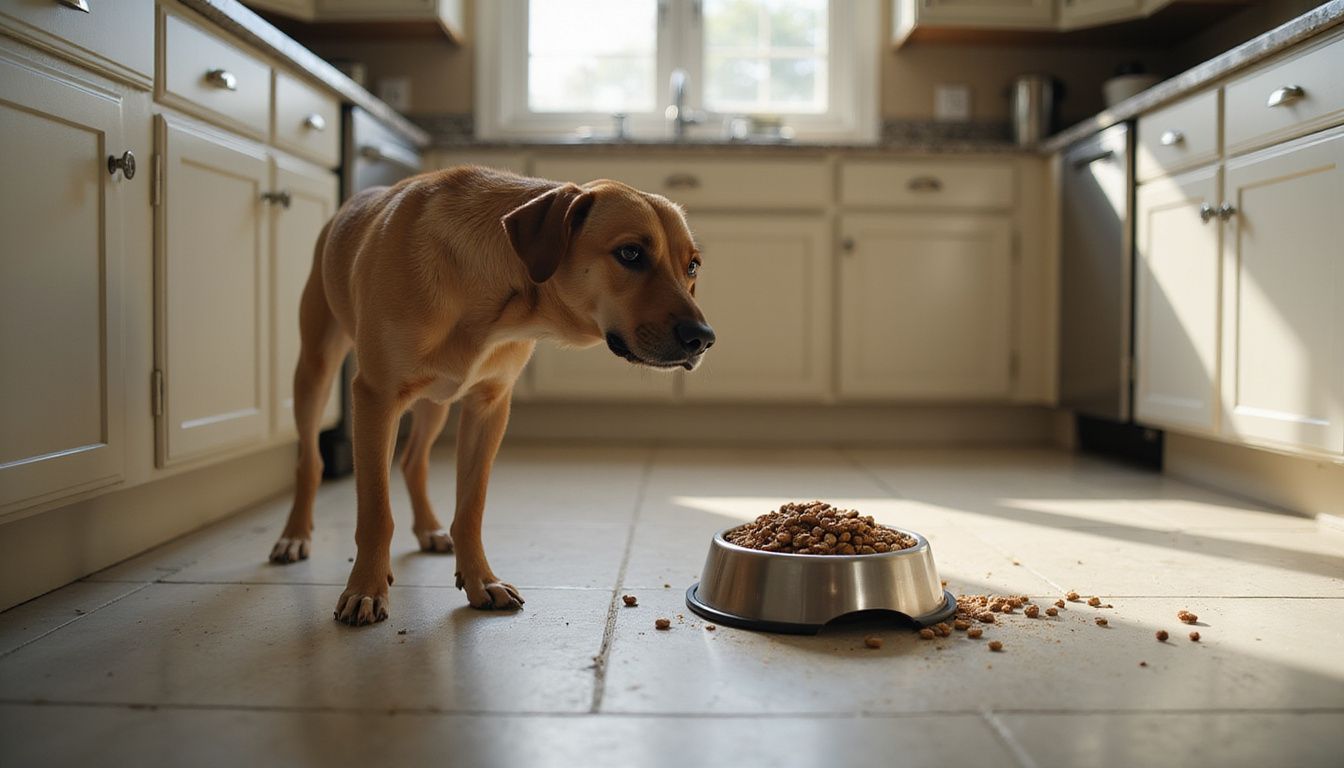 A lean dog with visible ribs stands beside a food bowl, displaying disinterest in its surroundings. A lean dog with visible ribs stands beside a food bowl, displaying disinterest in its surroundings.
